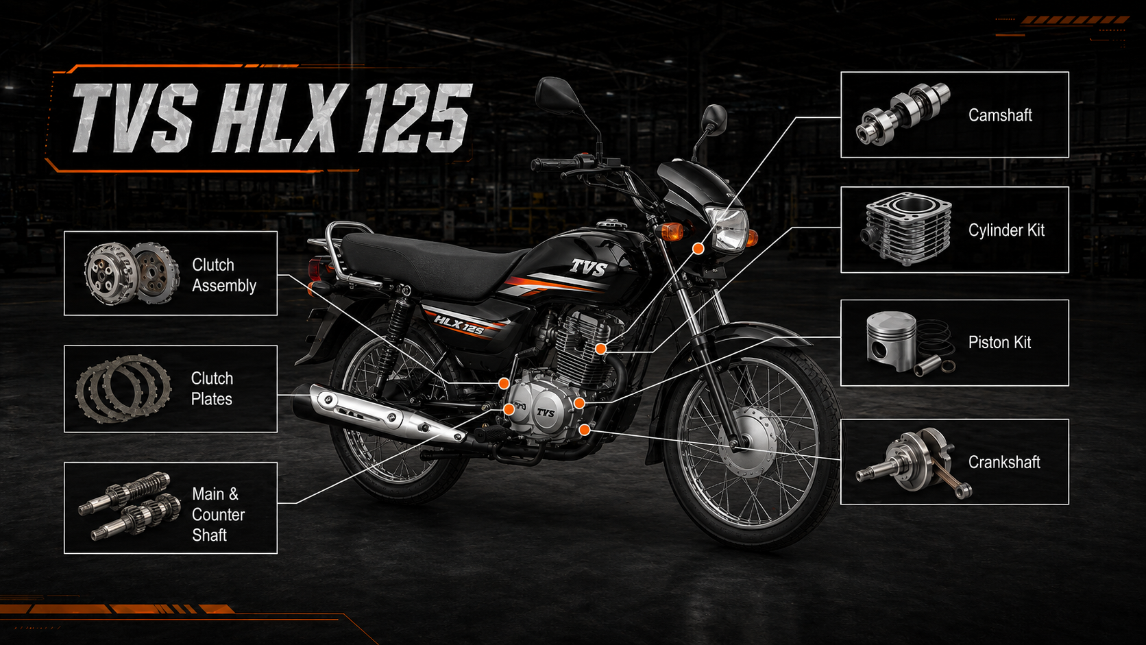 TVS HLX 125 motorcycle engine parts exploded location diagram